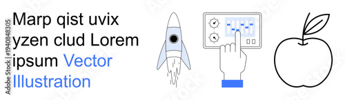 Technology, education, creativity, digital innovation, interface design, exploration. a rocket, a touchscreen and an apple with abstract text. Technology and education concepts