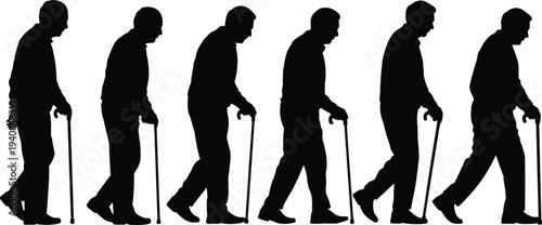 Six silhouettes of elderly person walking with cane, showing progressive stages of gait motion, useful for biomechanics, medical analysis, animation, rehabilitation, and aging mobility studies.