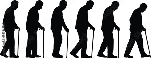Silhouette sequence of elderly person walking with cane, showing different stages of gait motion, useful for biomechanics, medical analysis, animation, and aging studies illustration.