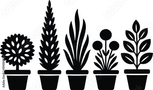 Stylized black silhouette illustration of five diverse potted plants with unique leaf patterns and artistic shapes, perfect for botanical studies, decorative design, eco‑friendly, 