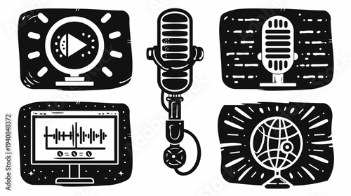 Black and white illustration showing podcasting and broadcasting related objects