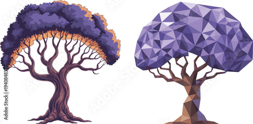 Stylized illustration of two trees side by side, one natural with purple foliage and twisted trunk, the other polygonal geometric design, symbolizing creativity, contrast, and digital artwork.