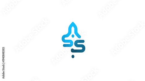 A stylized blue and white design, appearing to be a double S with a flame, set against a white backdrop