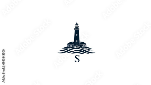 A dark blue illustration of a lighthouse over stylized waves, a single letter "S" below