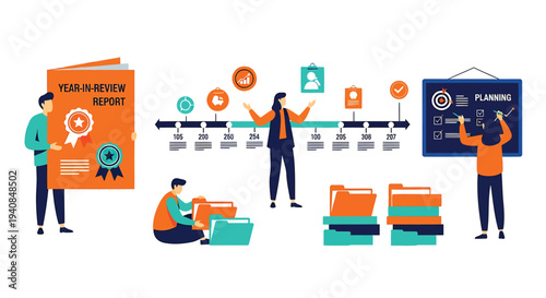 Set of 6 people working with business planning and review report icons vector