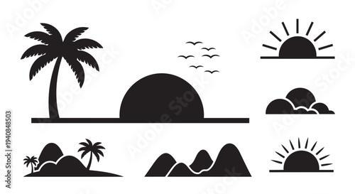 Black silhouettes of tropical landscapes with palm trees and sunsets