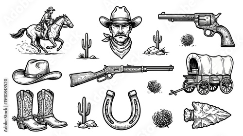 Cowboy engraving element sheet with hat revolver rifle wagon and boots