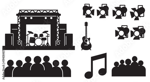 Music festival stage with audience and equipment vector illustration graphic design