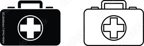 Set of 2 First Aid Kit Icons Vector: One Solid Black and One Outline Style Medical Box with White Cross Symbol for Healthcare Design