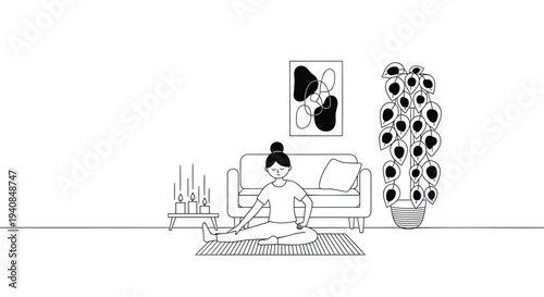 Vector illustration of woman meditating on yoga mat in living room