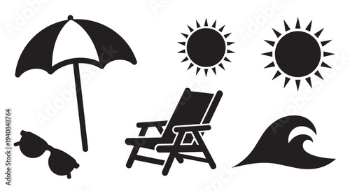 Beach elements vector graphic illustration including umbrella, sunglasses, sun loungers and ocean waves design