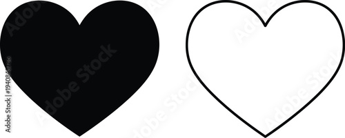Set of 2 Heart Icons Vector: One Solid Black Heart and One Black Outline Heart Shape for Love, Romance, and Favorite Concepts