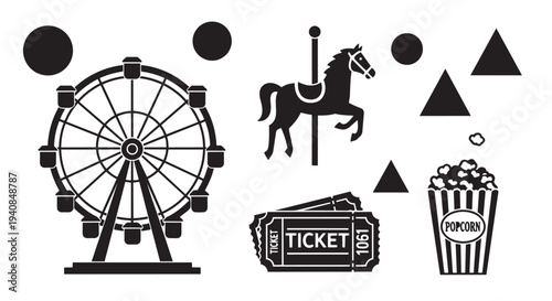 Vector graphic illustration of carnival elements including ferris wheel, carousel horse, and popcorn