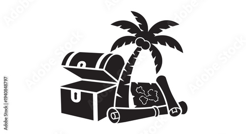 Treasury chest and palm tree with a map on a tropical island getaway