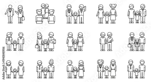 diverse family structures and couples in simple line art illustrating modern social dynamics human connections and community concepts.