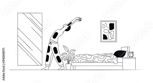 Vector illustration of a person stretching in a bedroom