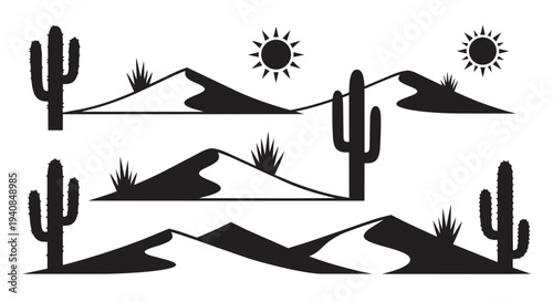 Desert landscape with cacti and mountains vector illustration in black and white