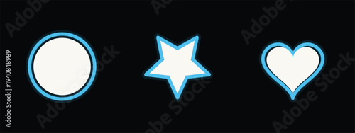 Bright cyan outlines illuminate a simple circle, a shiny star, and a lovely heart icon on black