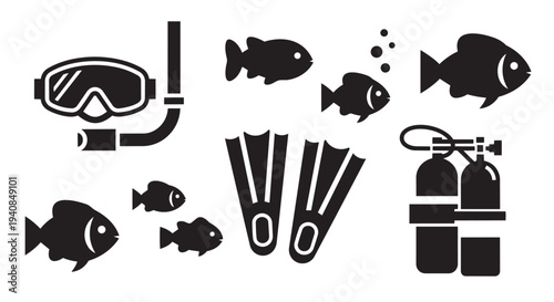 Scuba diving equipment vector illustration set with marine life and accessories for underwater exploration
