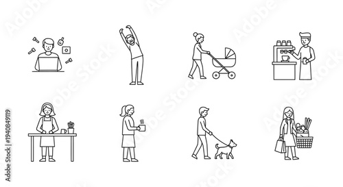 line art icons of daily activities people working stretching parenting and shopping for modern lifestyle routines.