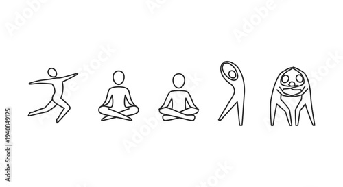 minimalist line art figures illustrating dynamic motion peaceful meditation and abstract forms on white ideal for wellness and design.