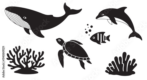 Marine life silhouettes with whale, dolphin, turtle, fish, and coral
