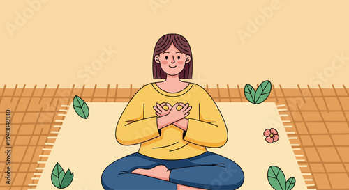 Woman Meditating with Hands on Heart Mindfulness Self Care Wellness Concept