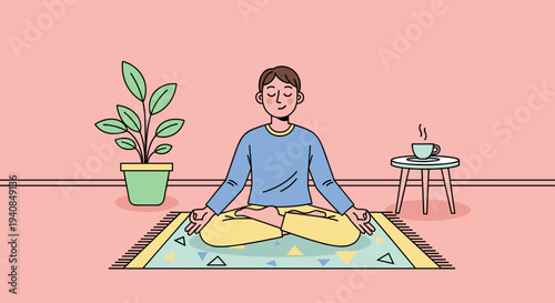 Man Meditating at Home Sitting on Yoga Mat Relaxation Mindfulness Concept