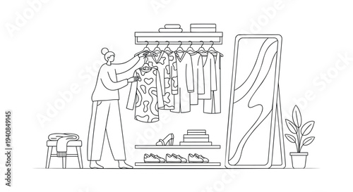Vector illustration of a person choosing clothes in a closet