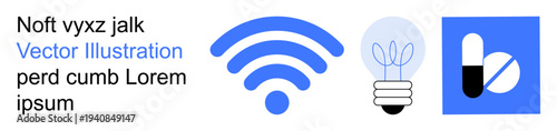 Connectivity, innovation, healthcare, technology, energy, creativity. wireless symbol, a lightbulb and a pill graphic displayed together. Connectivity and innovation through technology