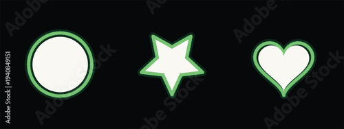 Clean white circle star and heart shapes feature bright neon green borders on a solid black ground