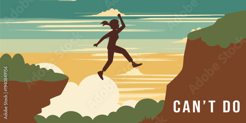 Determined businessman jumping over cliff gap. Symbol of courage, risk taking, ambition, leadership and success mindset. Inspirational vector illustration about overcoming challenges.