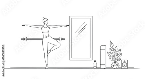 Vector illustration of woman in yoga pose with mirror and fitness equipment