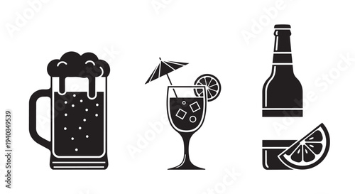 Black icons of beer mug, cocktail, and bottle with citrus on white background