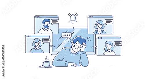 Vector illustration of a man surrounded by video call screens