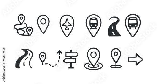 Travel, transportation outline icon set. journey, navigation, location line icons collection