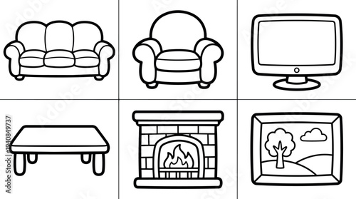 Line art living room icon set showing frontal sofa, armchair, television, coffee table, fireplace and framed landscape in black outline