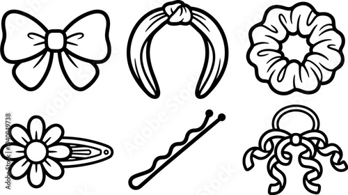 Line art vector set of six hair accessories showing bow headband scrunchie flower clip bobby pin and ribbon tie closeup