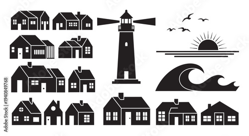 Coastal homes and lighthouse silhouettes at sunset with seagulls flying overhead