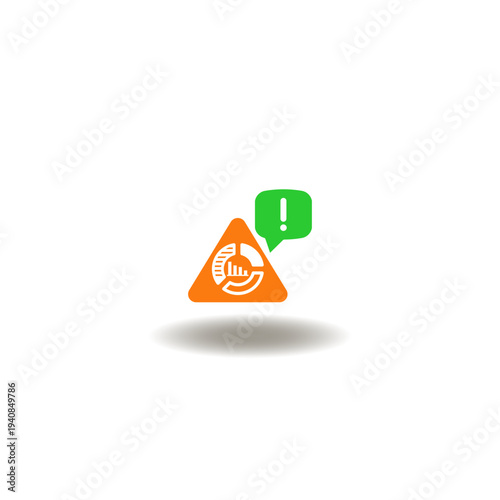 Vector illustration of attention sign with falling chart diagram and speech bubble with exclamation mark. Icon of crisis analysis.