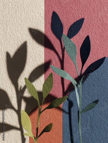 Shadows fall from palm leaves onto a pastel wall, forming shapes and patterns in a simple space filled with floral decor.