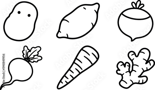 Line art close up set of six root vegetables potato sweet potato turnip beet carrot ginger simple black outline vector icons