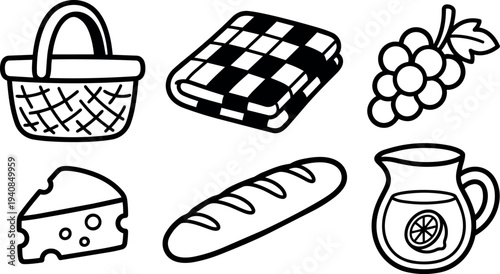 Hand drawn picnic icon set showing woven basket, checkered blanket, grapes, cheese wedge, baguette and lemonade pitcher in outline style