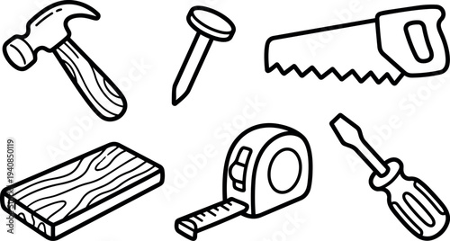 Hand drawn line art overhead view of carpentry tools including hammer nail saw plank tape measure and screwdriver on white background