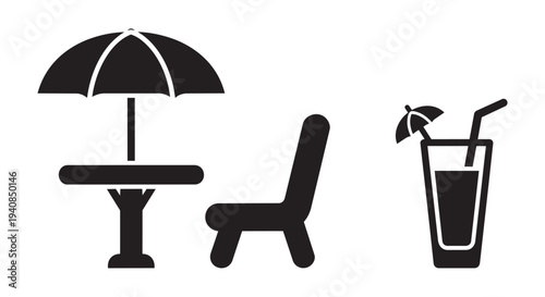 Black vector illustration of beach furniture and cocktail for summer vacation and relaxation concepts