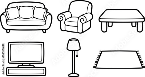 Hand drawn line art living room furniture set showing sofa armchair coffee table television floor lamp and rug in black