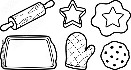 Line art close up cookie baking set with rolling pin star cutter oven mitt baking tray simple black and white vector