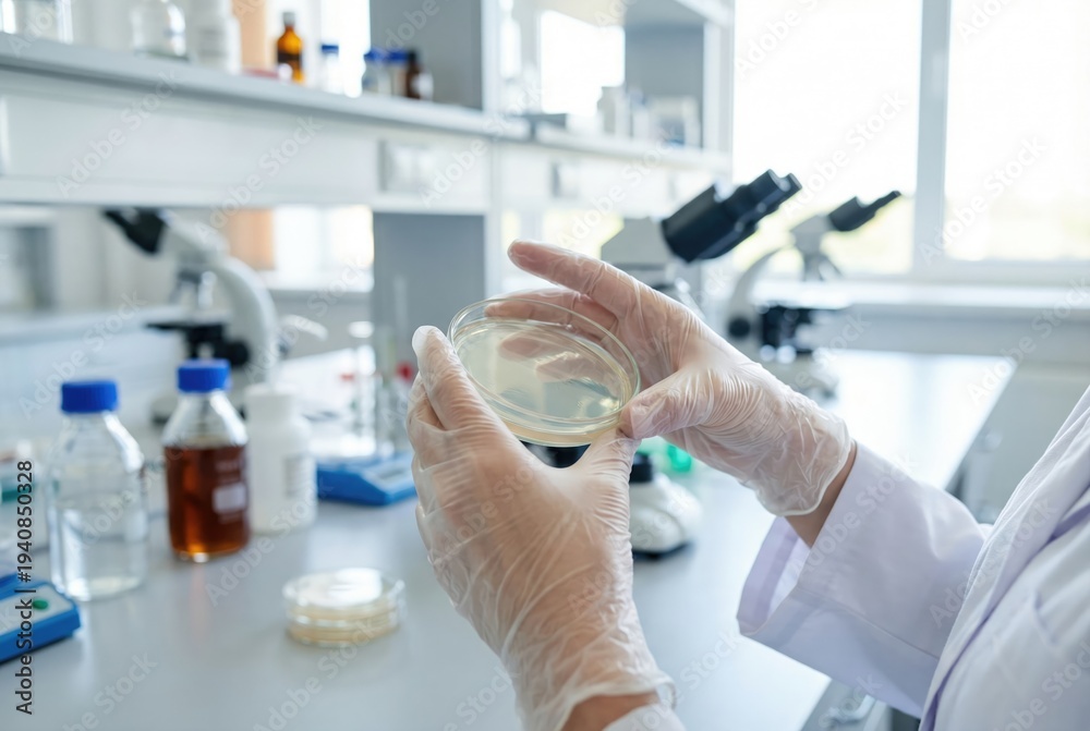 Fototapeta premium Scientist holding transparent petri dish with culture sample in laboratory