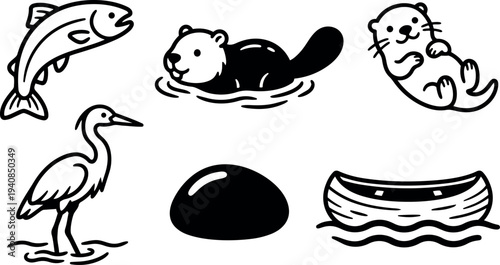 Line art river wildlife icon set showing leaping salmon, swimming beaver, playful otter, standing heron, smooth rock, canoe in water