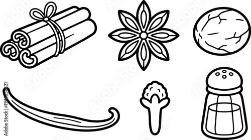 Line art spice icon set showing cinnamon sticks star anise nutmeg vanilla pod clove and salt shaker flat vector